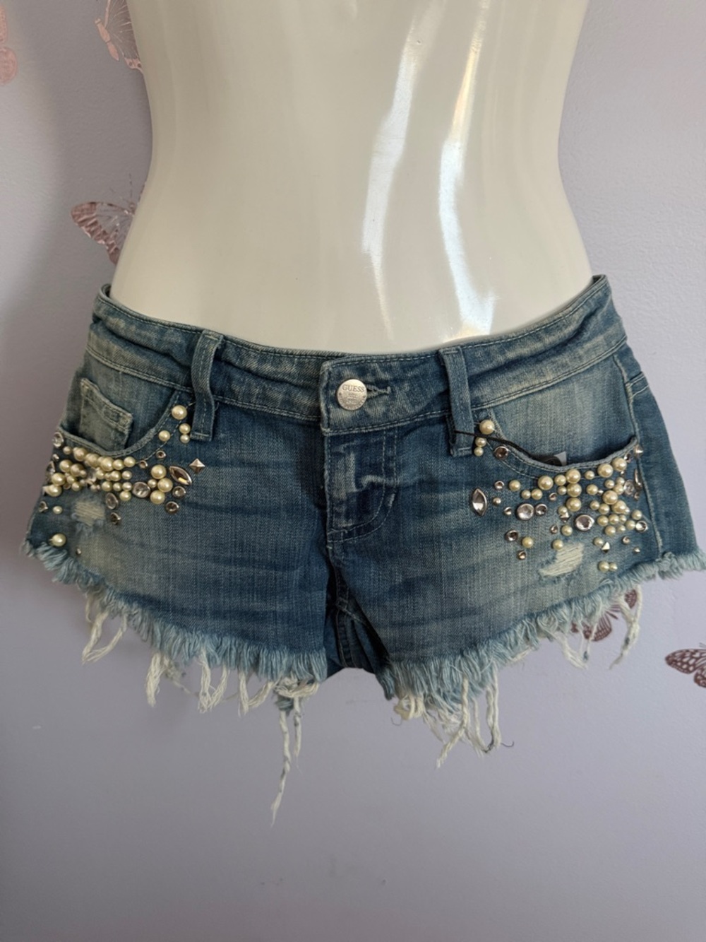 Pearl-Embellished Distressed Denim Shorts by Guess